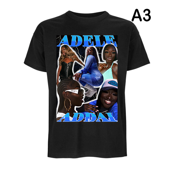 Black personalized gift t-shirt with photo collage of different women and blue text Adele Addai