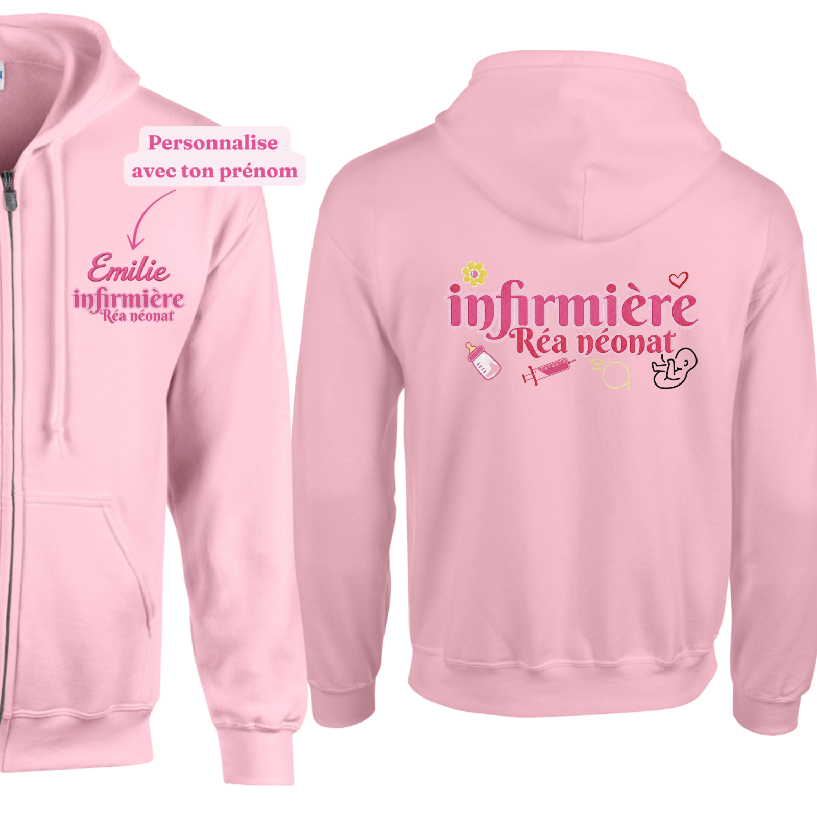 Sweat à Capuche Zippé Soignant - Personnalisable