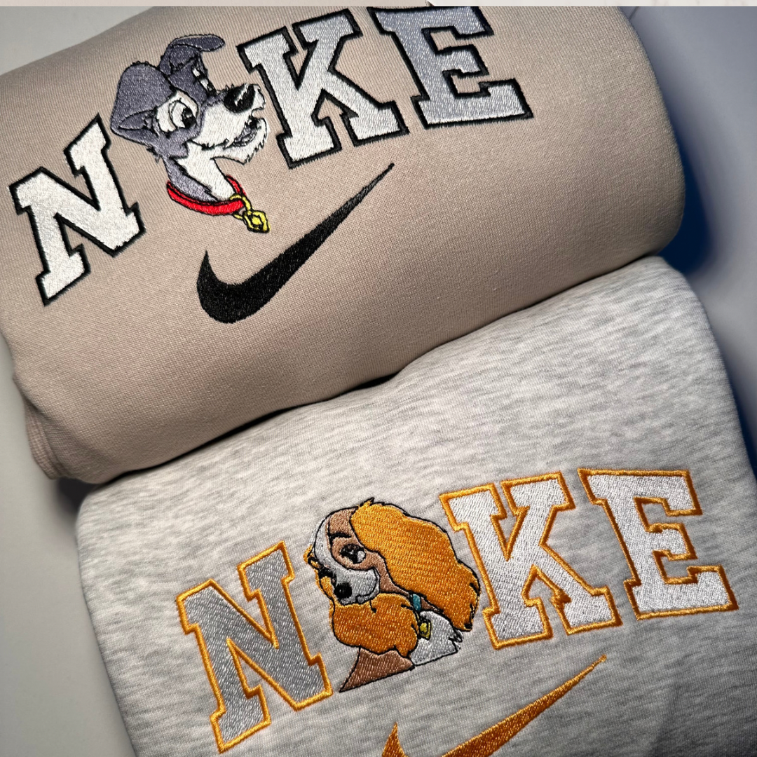 Kaaykustom La Belle et le Clochard matching sweatshirts with Nike logo and cartoon dog embroidery