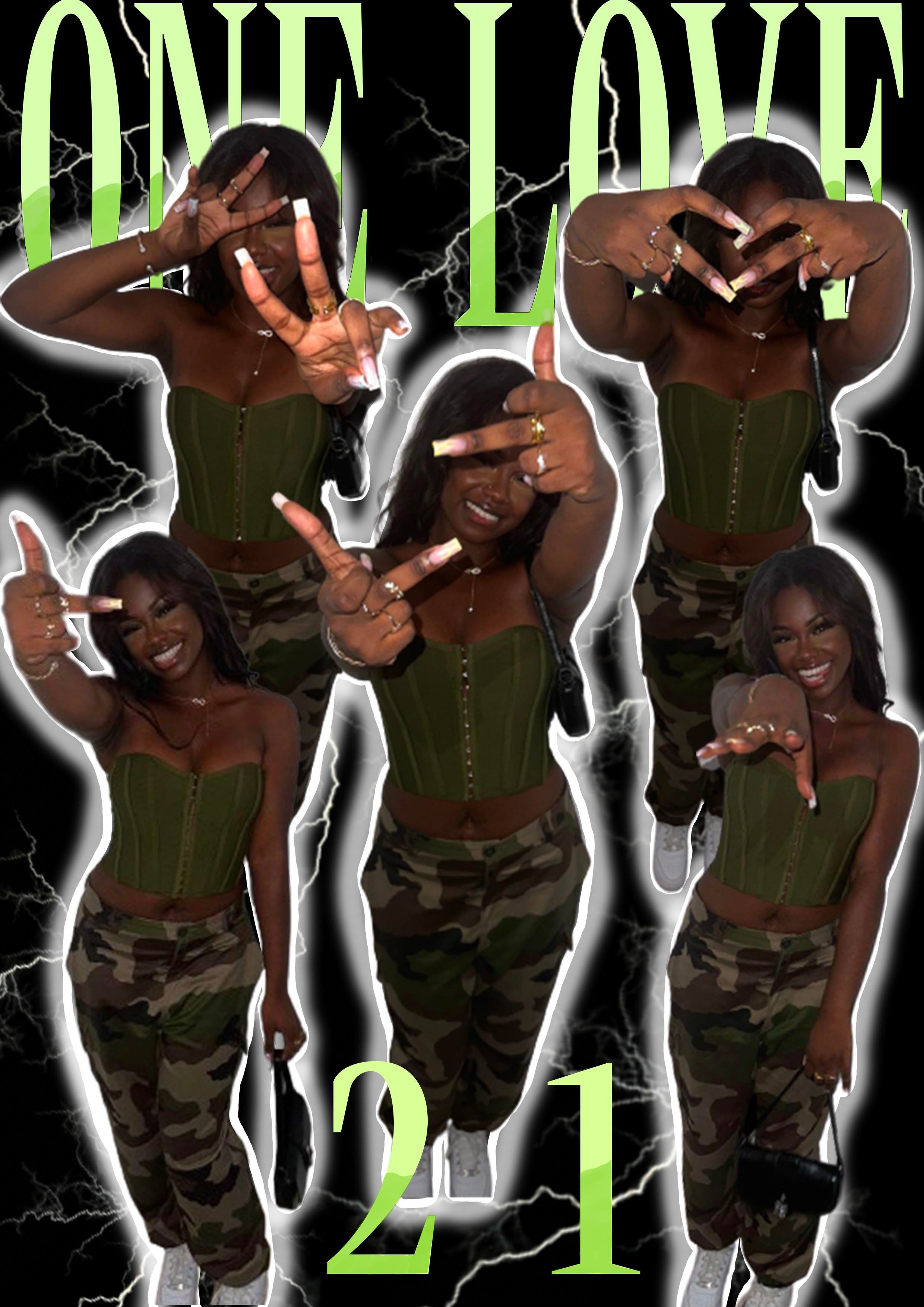 Personalized gift t-shirt with photo featuring a collage of a woman posing in camouflage pants and green corset top with neon text one love